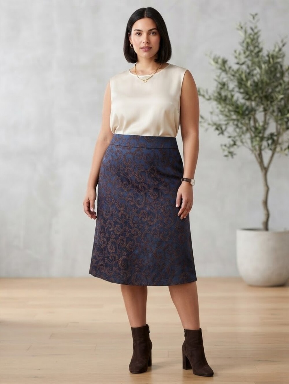 J Jill Linen Silk Brocade Leaf Skirt 18P Whimsigoth Art To Wear Navy Gold Brown